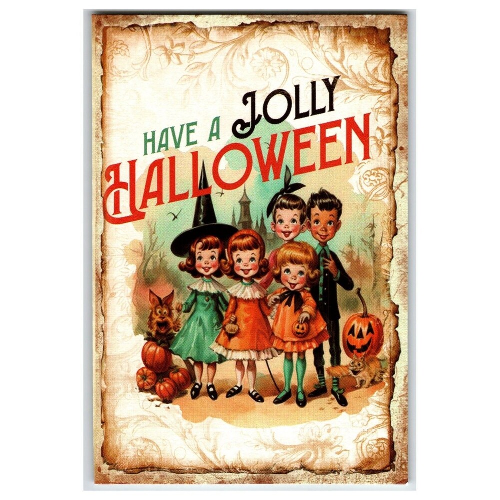 Vintage Style Halloween Postcard Jolly Children Witch Pumpkin Cat Dog Castle